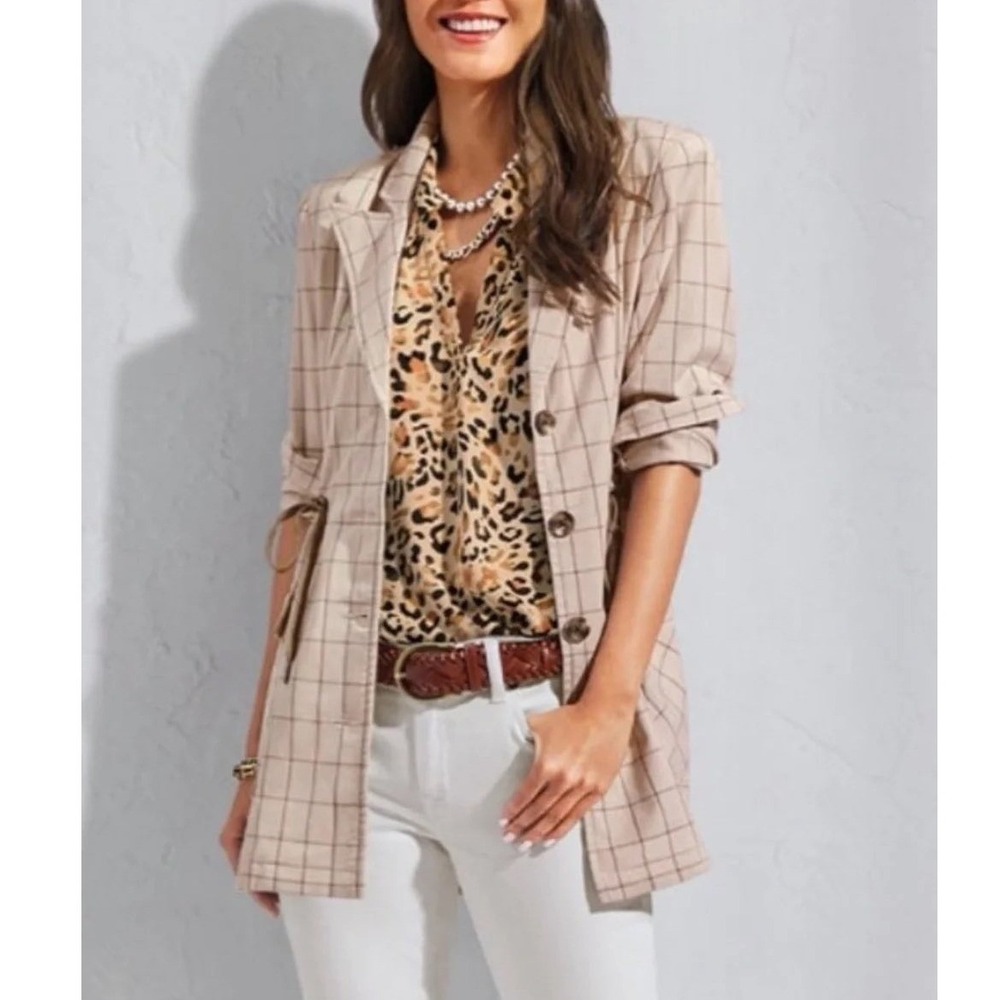 Cabi Windowpane Plaid Jacket 6026 Beige Brown Womens XL
